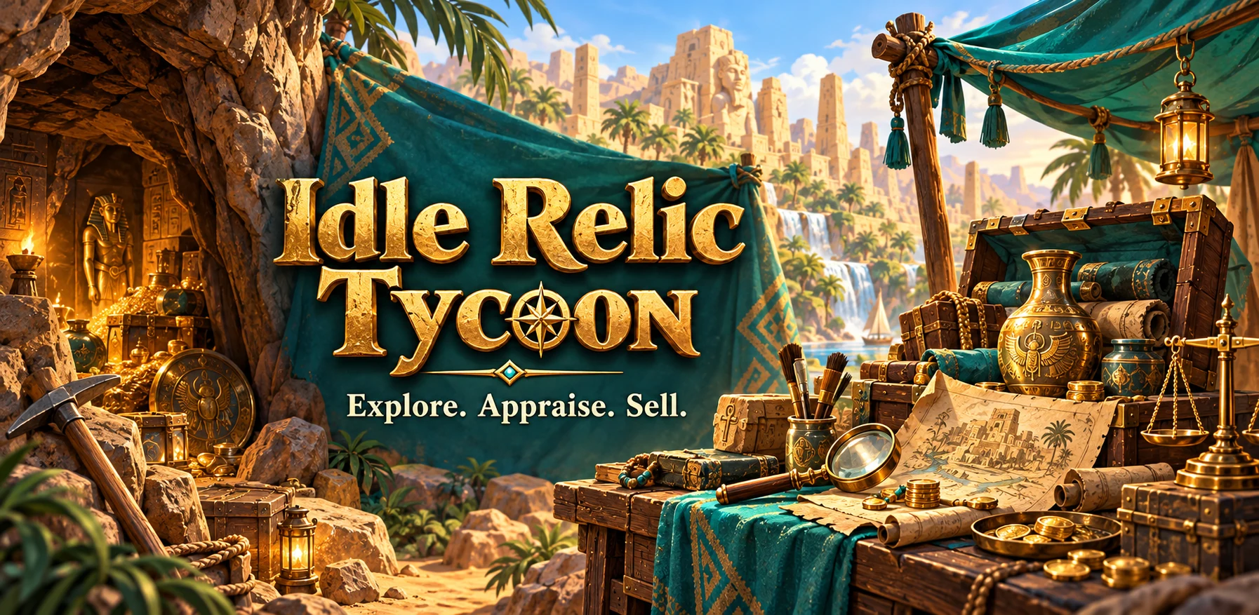 Idle Relic Tycoon promotional illustration: an expedition camp overlooking ancient ruins, with treasures and the words Explore. Appraise. Sell.