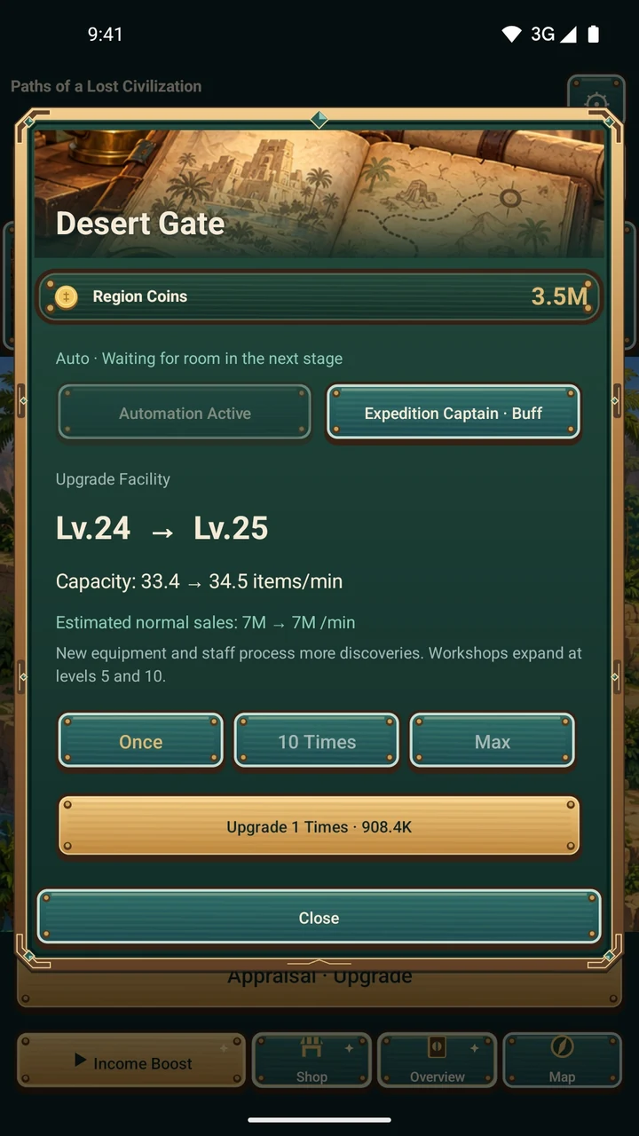 Facility management popup with upgrades and a manager