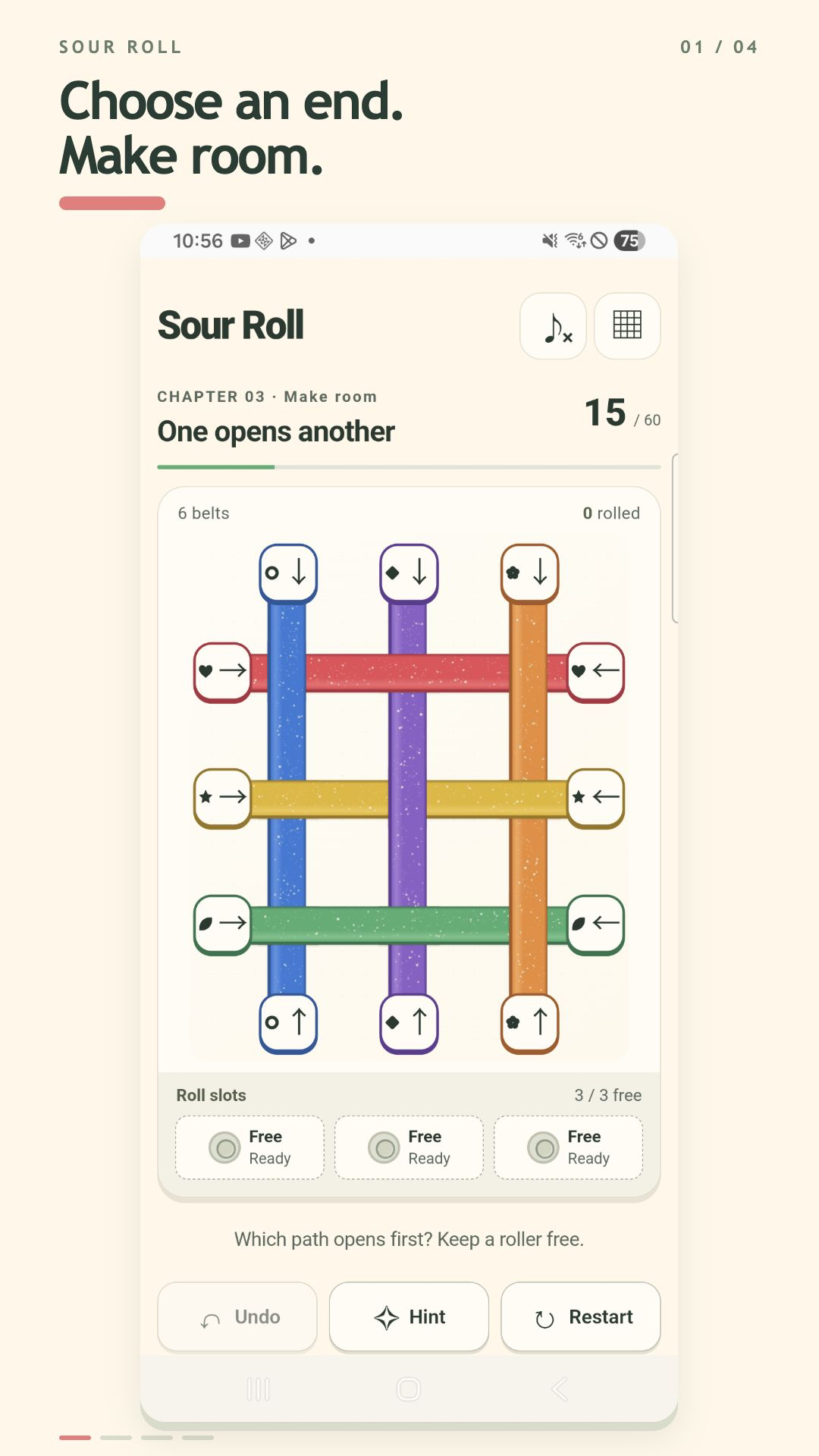 Sour Roll gameplay showing colorful candy belts and their selectable ends