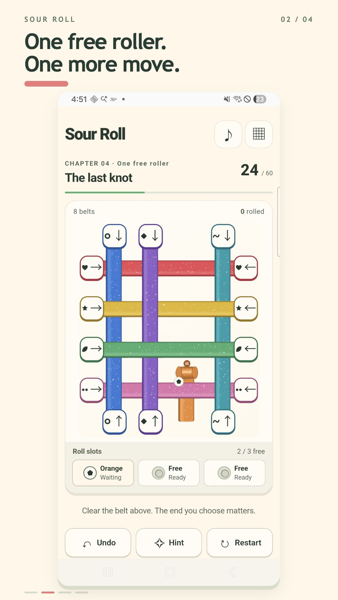 Sour Roll gameplay showing candy belts rolling up
